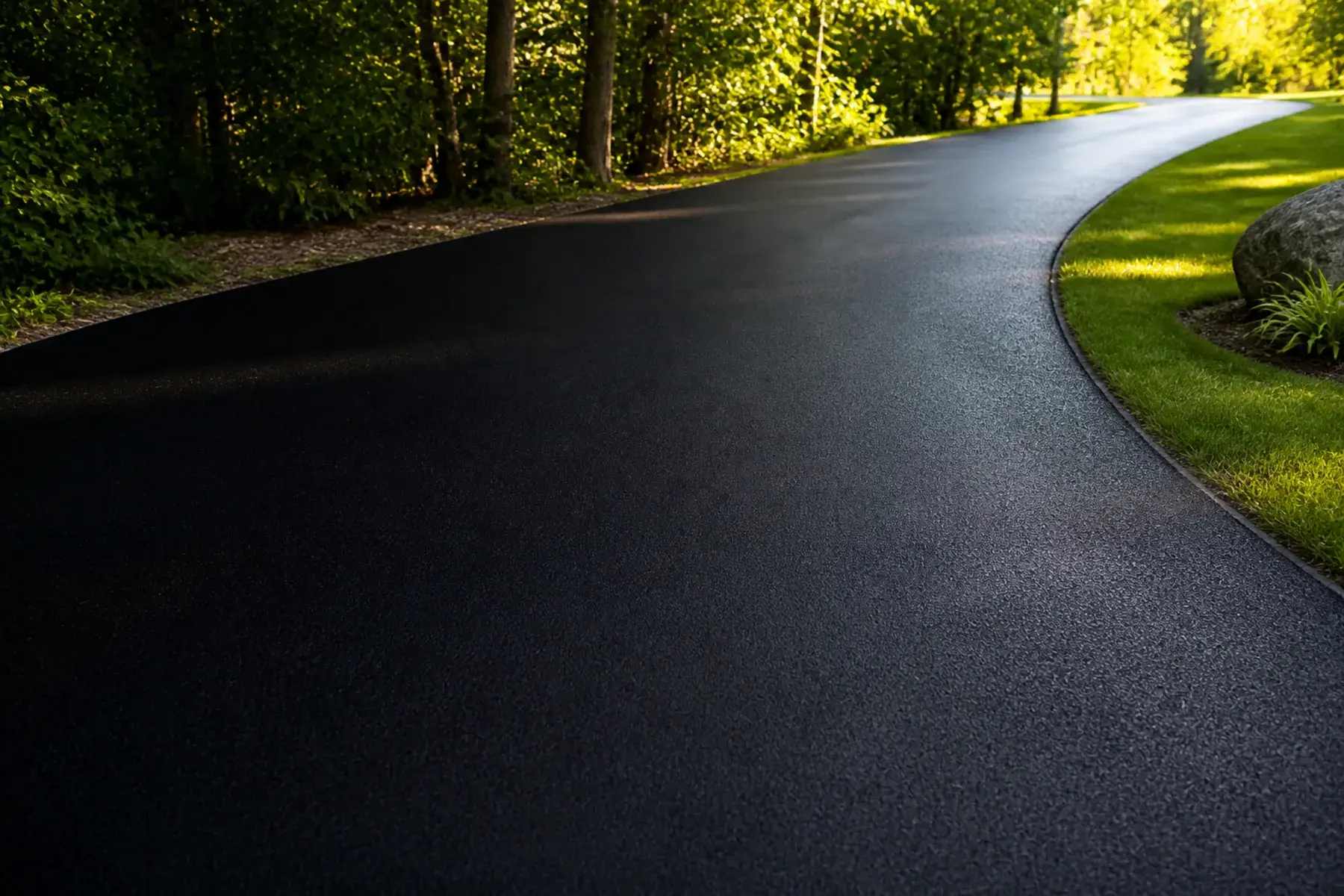 Fresh black asphalt driveway with clean edges and trees in warm light.