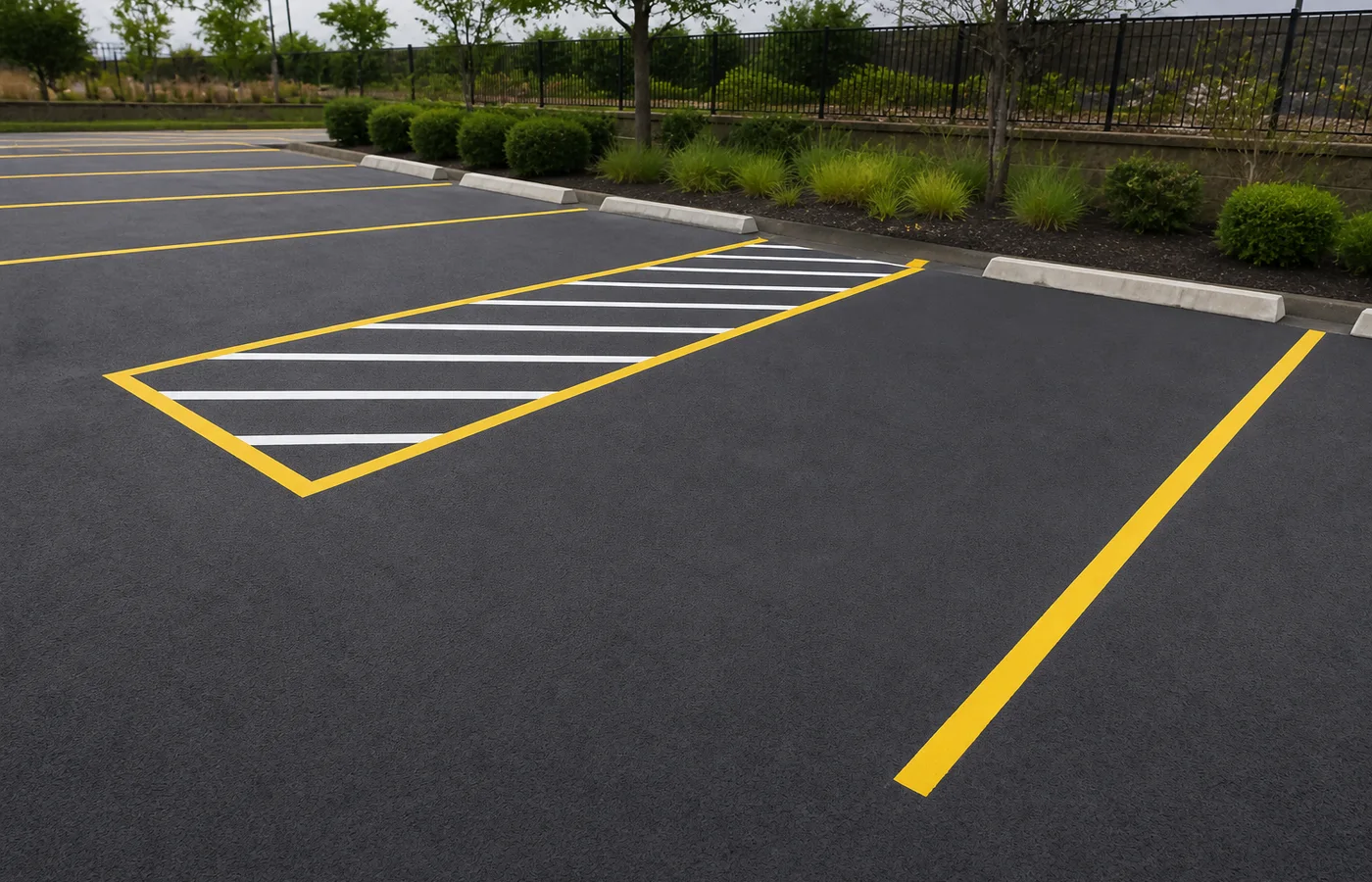 Fresh yellow and white parking lot line striping on black asphalt.